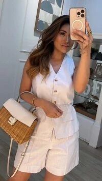 Colete Decote V Bolsos Fake Milena Cinto Fino Trançado