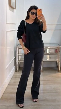 Blusa Tricot Ampla Decote V Paola Mangas Longas