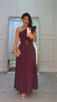 Vestido Longo Alba Ombro Único E Cinto Faixa Com Fivela Dupla