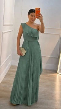 Vestido Longo Ombro Único Plissado Detalhe De Babado Taty Cinto Faixa