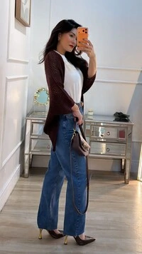 Kimono Tricot Vazado Ashley Mangas 3/4 Punhos Canelados