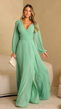 Vestido Longo Decote V Transpassado Sophia Fenda Frontal Com Cinto Faixa