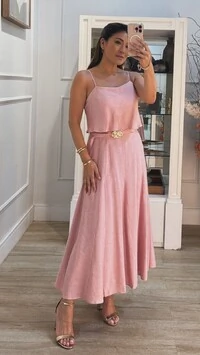 Vestido Midi Mescla Evasê Antonella Cinto Faixa Fivela Flores Duplas Douradas