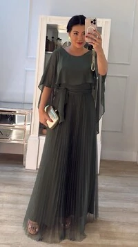 Vestido Longo Mangas Em Echarpe Vivi Saia Plissada Em Tule