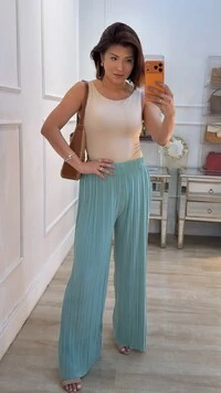 Calça Pantalona Plissada Serena Pala Larga Com Elástico