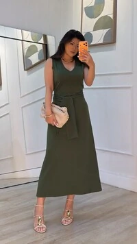 Vestido Longo Malha Decote V Marcela Cinto Faixa Fixo Com Amarração