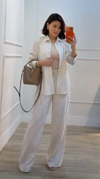 Conjunto Viscose Com Linho Pamela Calça Pantalona E Camisa