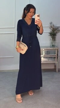 Vestido Longo Decote V Dayse Mangas Longas Detalhes pespontados