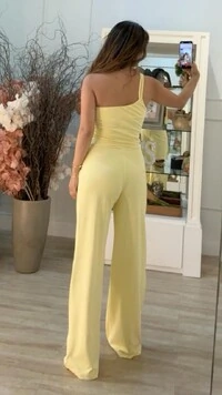 Macacão Longo Pantalona Alça Única Lady Cinto Fixo Fivela Dourada