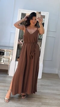 Vestido Longo Decote V Mariah Cinto Corda Detalhe Folha