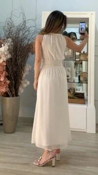 Vestido Midi Chiffon Isis Lástex Largo Na Cintura