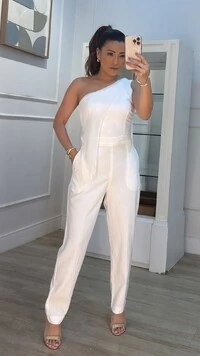 Macacão Twill Ombro Único Detalhe Em Chiffon Mary Cinto Fino