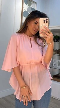 Bata Chiffon Mangas Em Evasê Thainá Elástico Franzido No Barrado