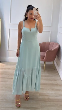 Vestido Longo Crepe Recorte V Daiana Barrado Assimétrico