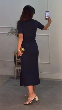 Vestido Midi Mangas 3/4 Sara Detalhe Drapeado E Fenda Lateral