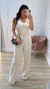 Macacão Pantalona Viscose Com Linho Decote V Laís Cinto Forrado