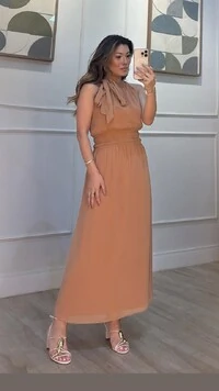 Vestido Midi Chiffon Isis Lástex Largo Na Cintura