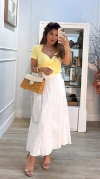 Saia Midi Linho Evasê Isabella Bolsos Frontais