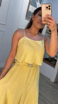 Vestido Midi Mescla Evasê Antonella Cinto Faixa Fivela Flores Duplas Douradas