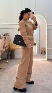 Conjunto Tricot Vilma Blusa & Calça Pantalona Com Listra Dupla