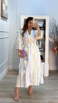 Vestido Midi Bordado Com Fio De Lurex Ingrid Cinto Faixa Com Tassel