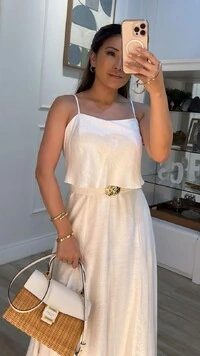 Vestido Midi Mescla Evasê Antonella Cinto Faixa Fivela Flores Duplas Douradas