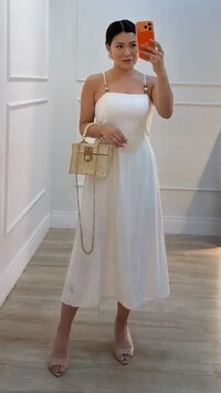 Vestido Midi Viscose Com Linho Eduarda Fenda Posterior