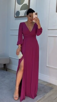 Vestido Longo Decote V Transpassado Sophia Fenda Frontal Com Cinto Faixa