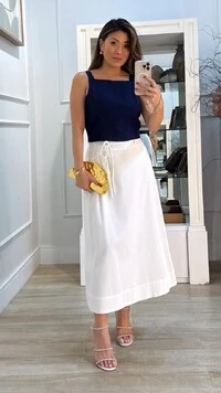 Saia Midi Evasê Prega Lateral Jolie Cinto Corda