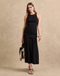 Vestido Midi Cavado Canelado Pamela Detalhe Drapeado