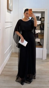 Vestido Longo Mangas Em Echarpe Vivi Saia Plissada Em Tule