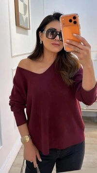 Blusa Tricot Ampla Decote V Paola Mangas Longas