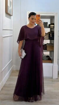 Vestido Longo Mangas Em Echarpe Vivi Saia Plissada Em Tule