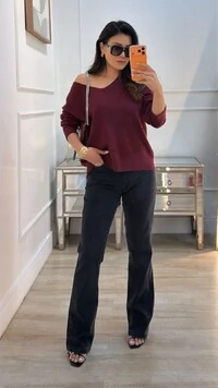 Blusa Tricot Ampla Decote V Paola Mangas Longas