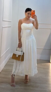 Vestido Midi Tricoline Tomara Que Caia Amora Bolsos Frontais