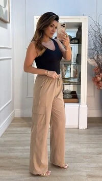 Calça Pantalona Cargo Thamires Pala Larga Com Amarração Frontal