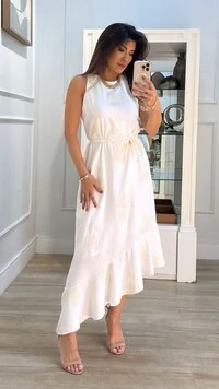 Vestido Midi Twill Bordado Barrado Assimétrico Jamile Cinto Fino