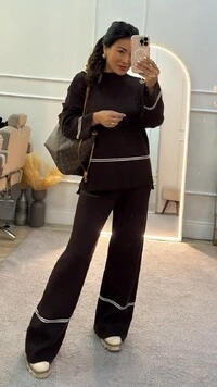 Conjunto Tricot Vilma Blusa & Calça Pantalona Com Listra Dupla