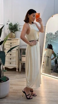 Vestido Midi Cavado Risca De Giz Aurora Com Cinto Corda