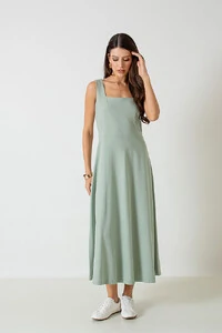 Vestido Midi Decote Reto Barbara Alças Largas
