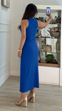 Vestido Midi Cavado Canelado Pamela Detalhe Drapeado