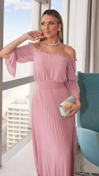 Vestido Longo Plissado Ombro À Ombro Mangas 3/4 Kate Com Cinto Faixa