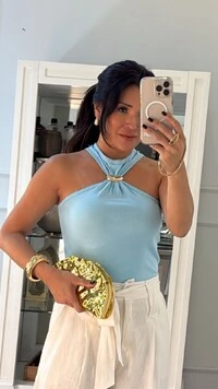 Blusa Regata Cavada Canelada Karina Detalhe Fivela Dourada Frontal