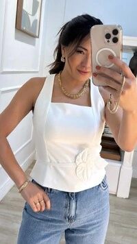 Blusa Regata Alfaiataria Noelle Brochê De Folhas