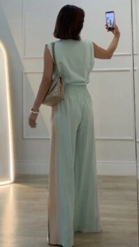 Calça Pantalona Diane Pala Larga Cinto Fino Fixo