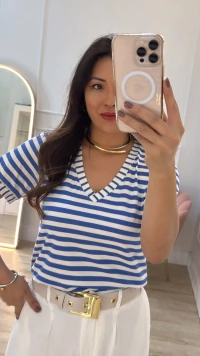 Blusa Malha Listrada Bianca Decote V