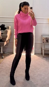 Calça Skinny Detalhe Couro Eco Lateral Forro Peluciado Tabatha Bolsos Fake Diagonal