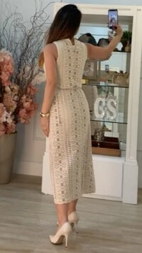 Vestido Midi Em Renda Ana Cinto Corda Trançado