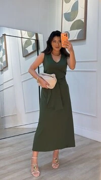 Vestido Longo Malha Decote V Marcela Cinto Faixa Fixo Com Amarração