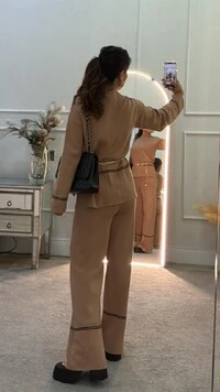 Conjunto Tricot Vilma Blusa & Calça Pantalona Com Listra Dupla